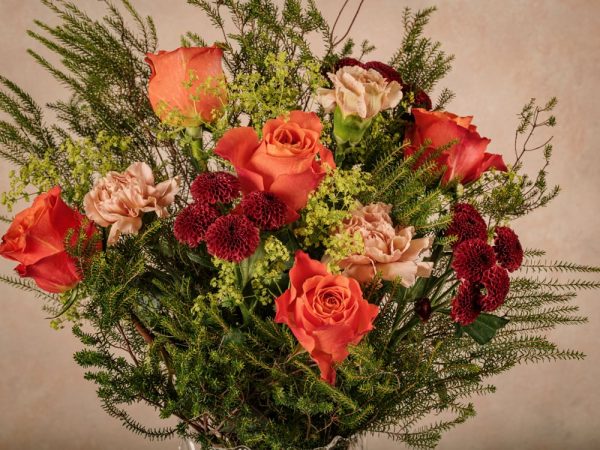 Orange Flower Bouquet, orange flowers and green heather details