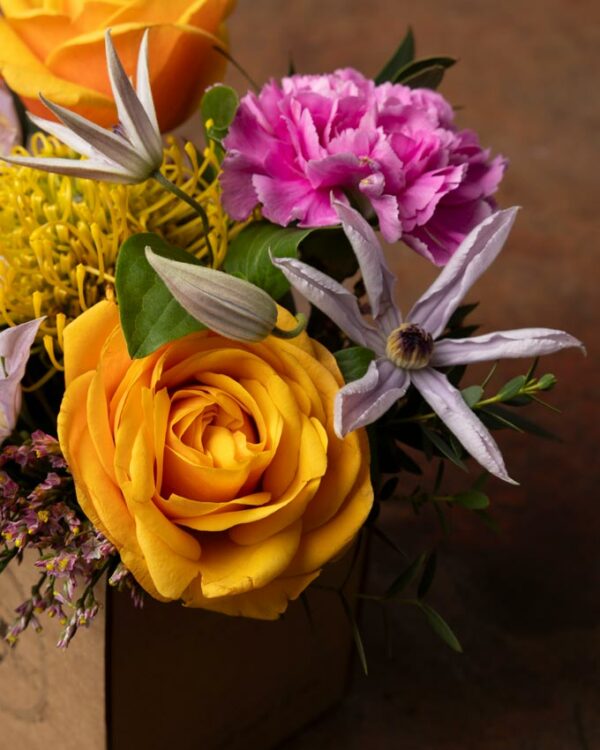 Box Allegria rose arancio, nutan giallo, garofani fucsia, clematis lilla. I colori della Primavera