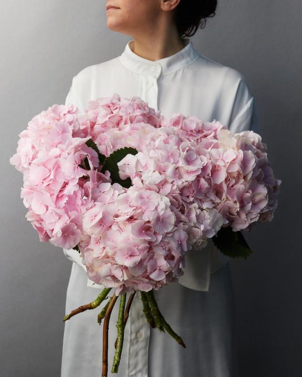 Ragazza camicia bianca tiene in mano un Bouquet di Ortensie di colore rosa