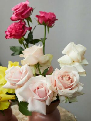 Bouquet di rose colorate, rose fucsia e rosa chiaro
