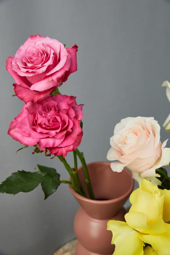 Bouquet di rose colorate, rose fucsia, rosa chiaro e giallo