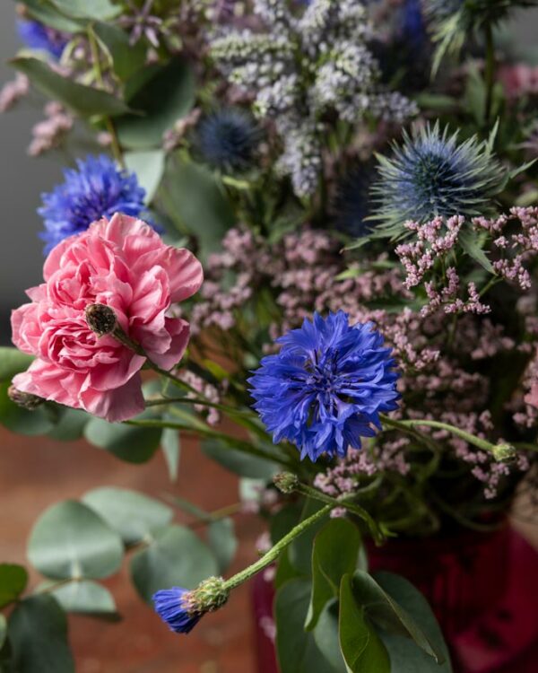 Bouquet Sweet Dreams, bouquet di eryngium, solomio rosa, garofani e verde di stagione